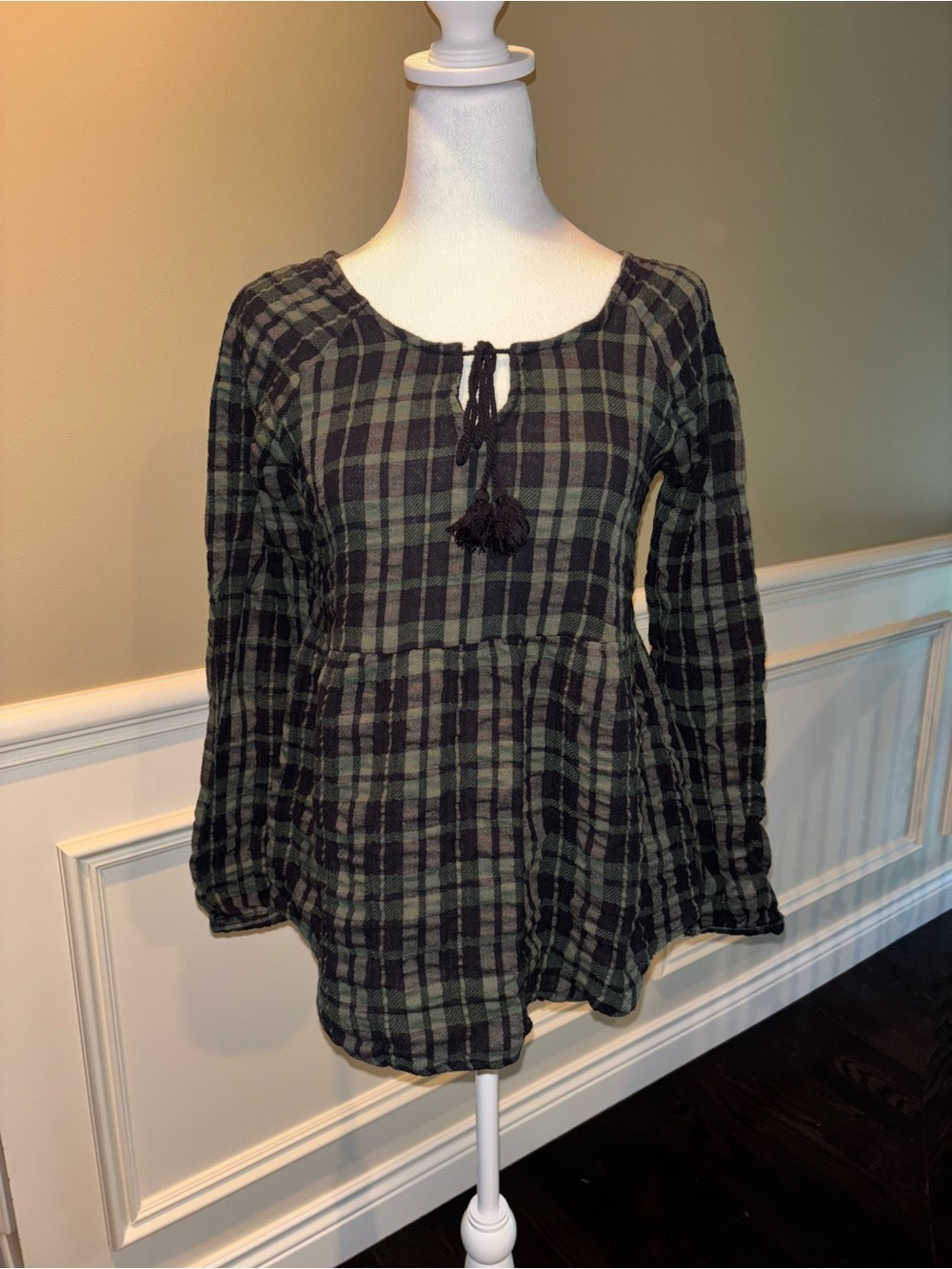 Charming Charlie Olive & Black Plaid Tassel Peasant Tunic